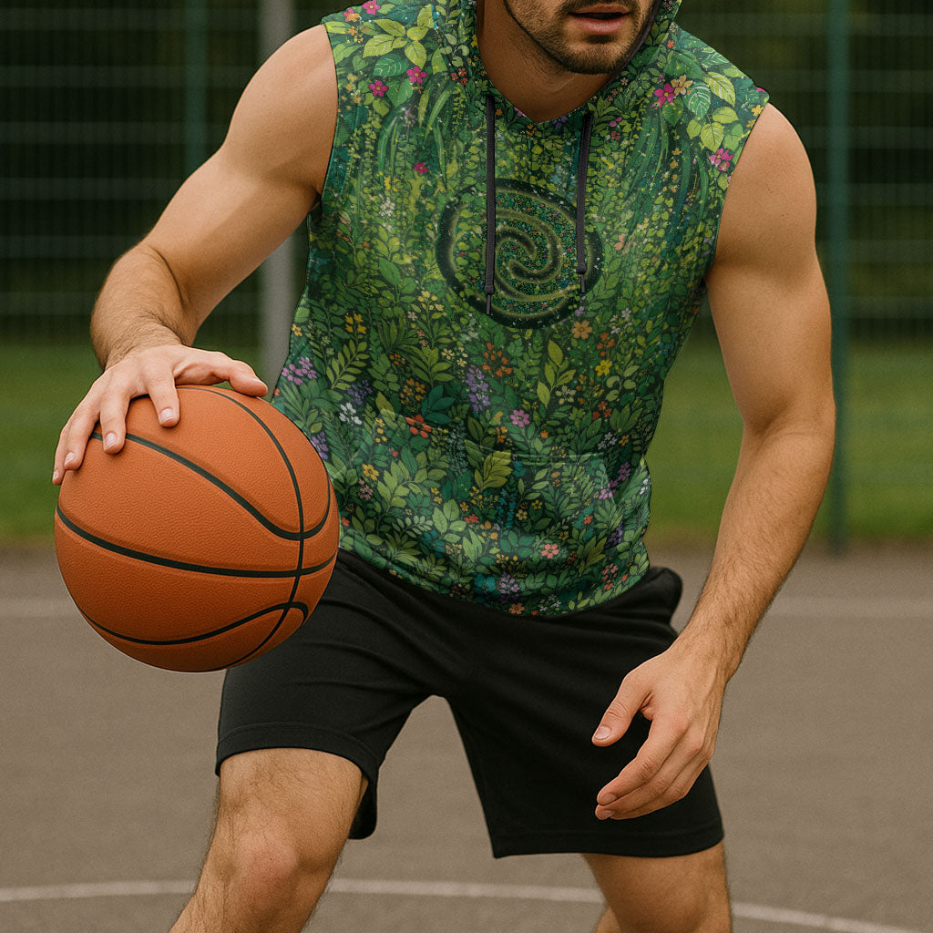 Polynesia Mother Nature Sleeveless Hoodie Glowing Heart Spiral Tropical Vine Floral