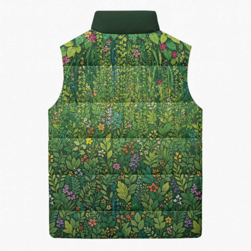 Polynesia Mother Nature Sleeveless Puffer Jacket Glowing Heart Spiral Tropical Vine Floral