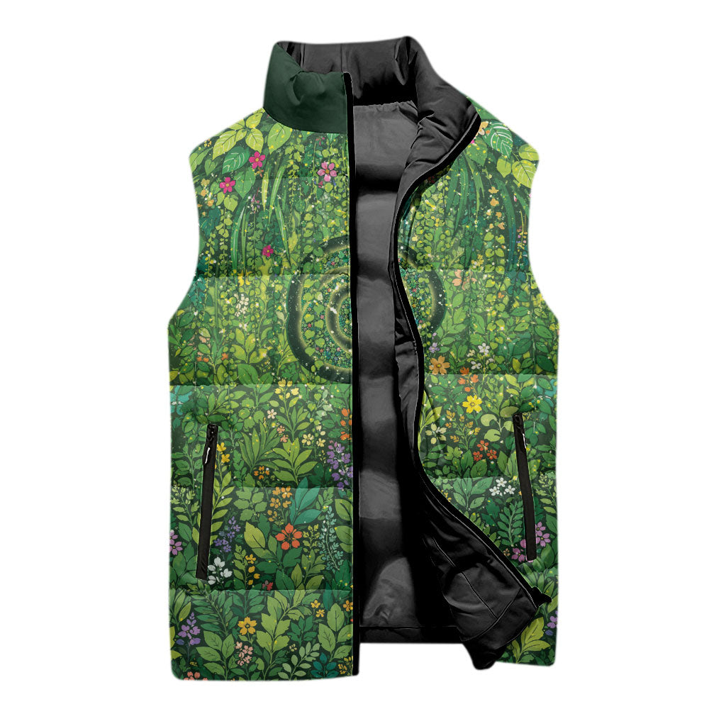 Polynesia Mother Nature Sleeveless Puffer Jacket Glowing Heart Spiral Tropical Vine Floral