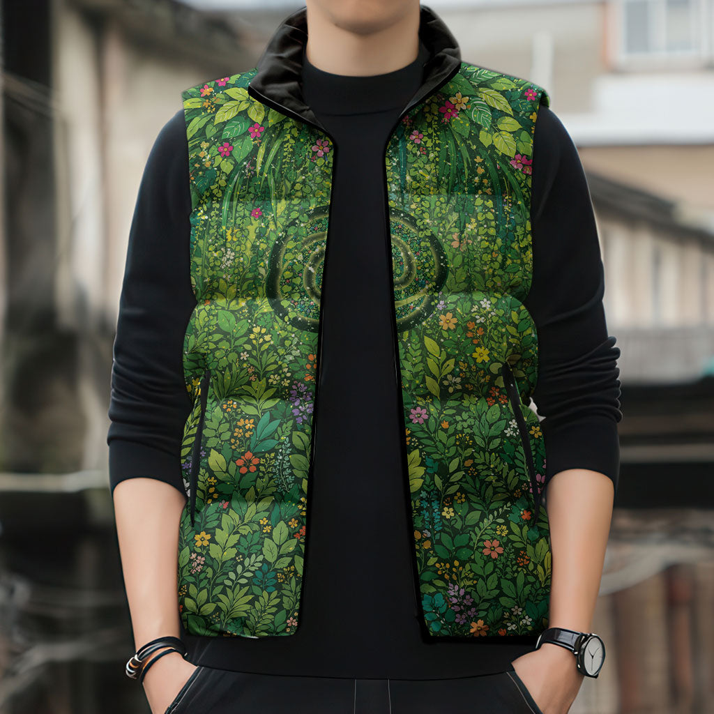 Polynesia Mother Nature Sleeveless Puffer Jacket Glowing Heart Spiral Tropical Vine Floral