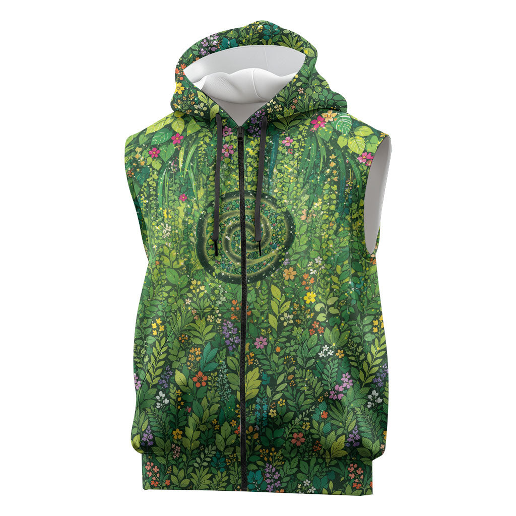 Polynesia Mother Nature Sleeveless Zip Hoodie Glowing Heart Spiral Tropical Vine Floral