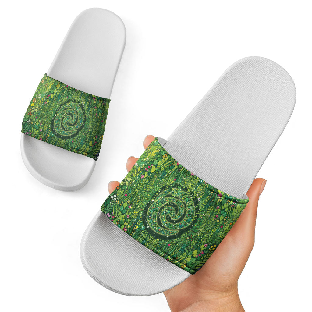 Polynesia Mother Nature Slide Sandals Glowing Heart Spiral Tropical Vine Floral