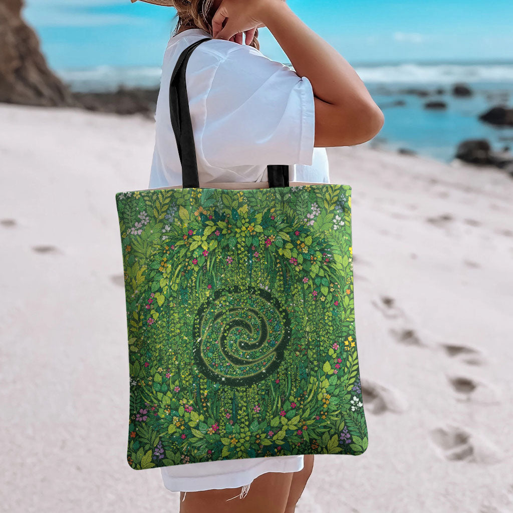 Polynesia Mother Nature Tote Bag Glowing Heart Spiral Tropical Vine Floral