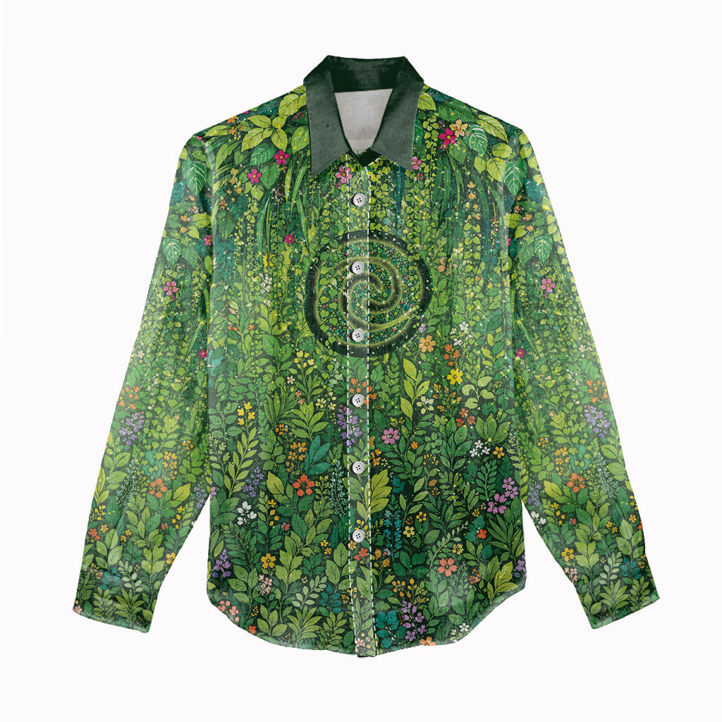 Polynesia Mother Nature Women Casual Shirt Glowing Heart Spiral Tropical Vine Floral