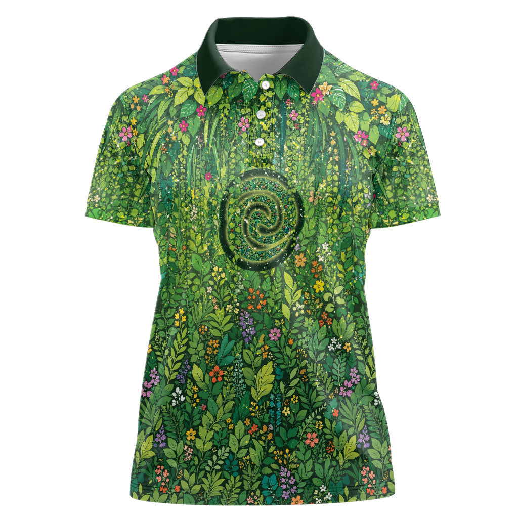 Polynesia Mother Nature Women Polo Shirt Glowing Heart Spiral Tropical Vine Floral