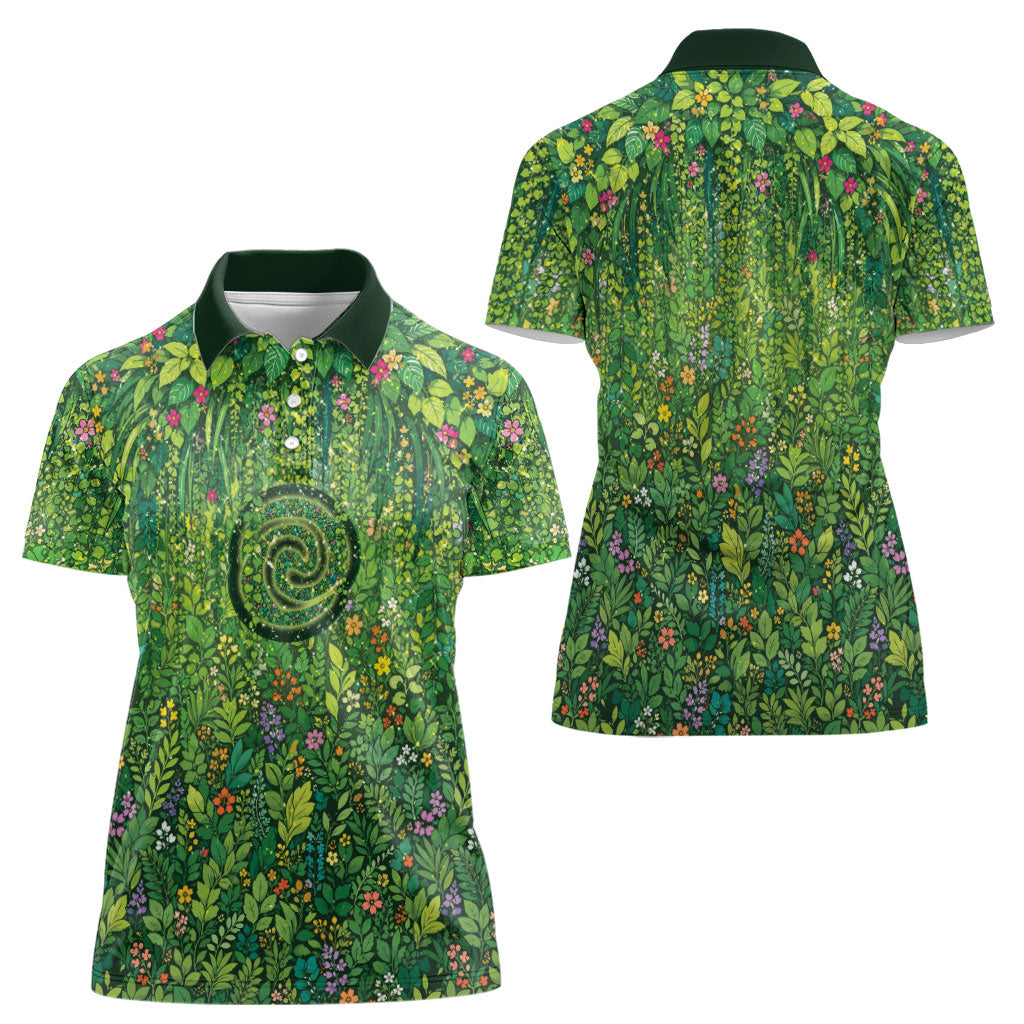 Polynesia Mother Nature Women Polo Shirt Glowing Heart Spiral Tropical Vine Floral