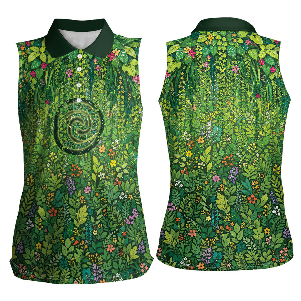 Polynesia Mother Nature Women Sleeveless Polo Shirt Glowing Heart Spiral Tropical Vine Floral
