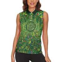 Polynesia Mother Nature Women Sleeveless Polo Shirt Glowing Heart Spiral Tropical Vine Floral