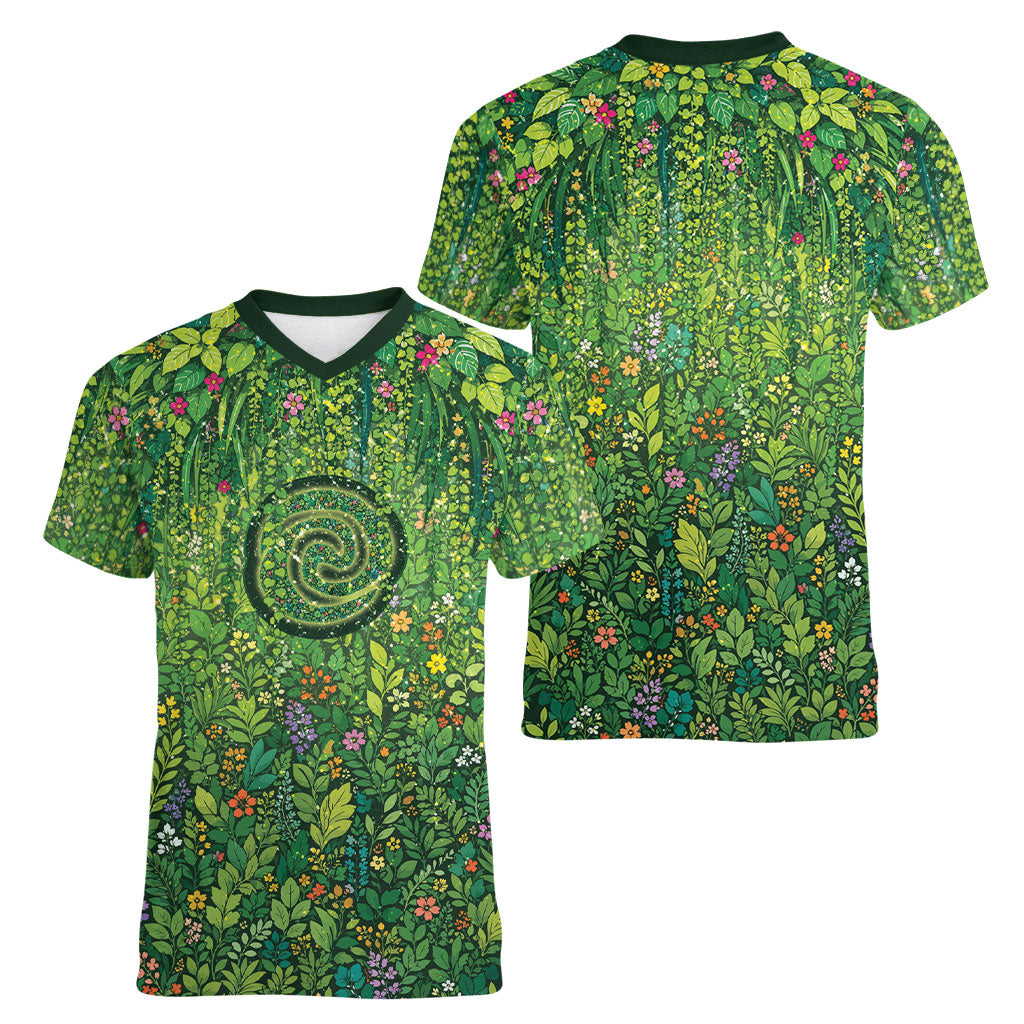 Polynesia Mother Nature Women V-Neck T-Shirt Glowing Heart Spiral Tropical Vine Floral