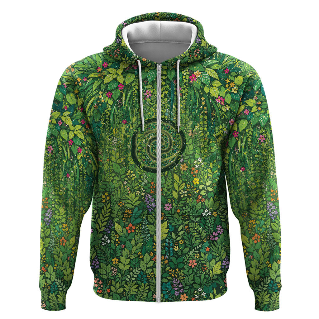 Polynesia Mother Nature Zip Hoodie Glowing Heart Spiral Tropical Vine Floral