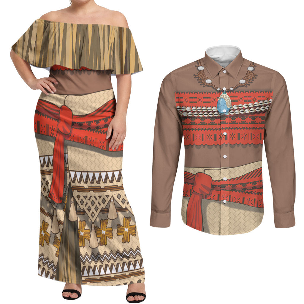 Polynesia Ocean Princess Inspired Cosplay Costume Couples Matching Off Shoulder Maxi Dress and Long Sleeve Button Shirt