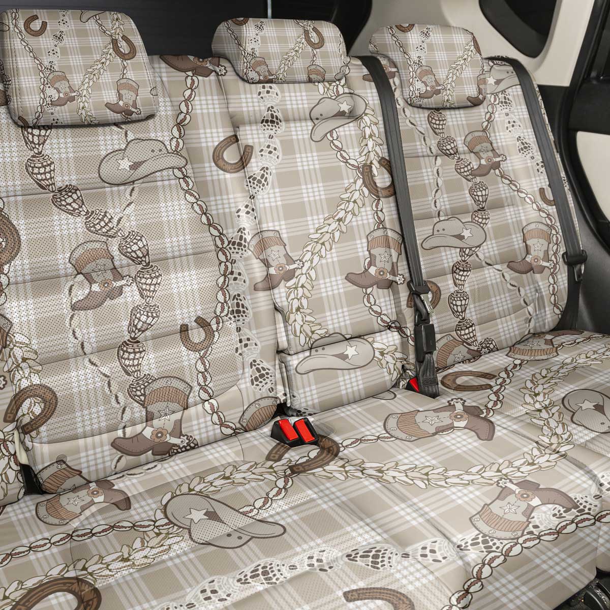 Hawaii Palaka Cowboy Back Car Seat Cover Shell Maile Lei With Western Patterns - Polynesian Pride