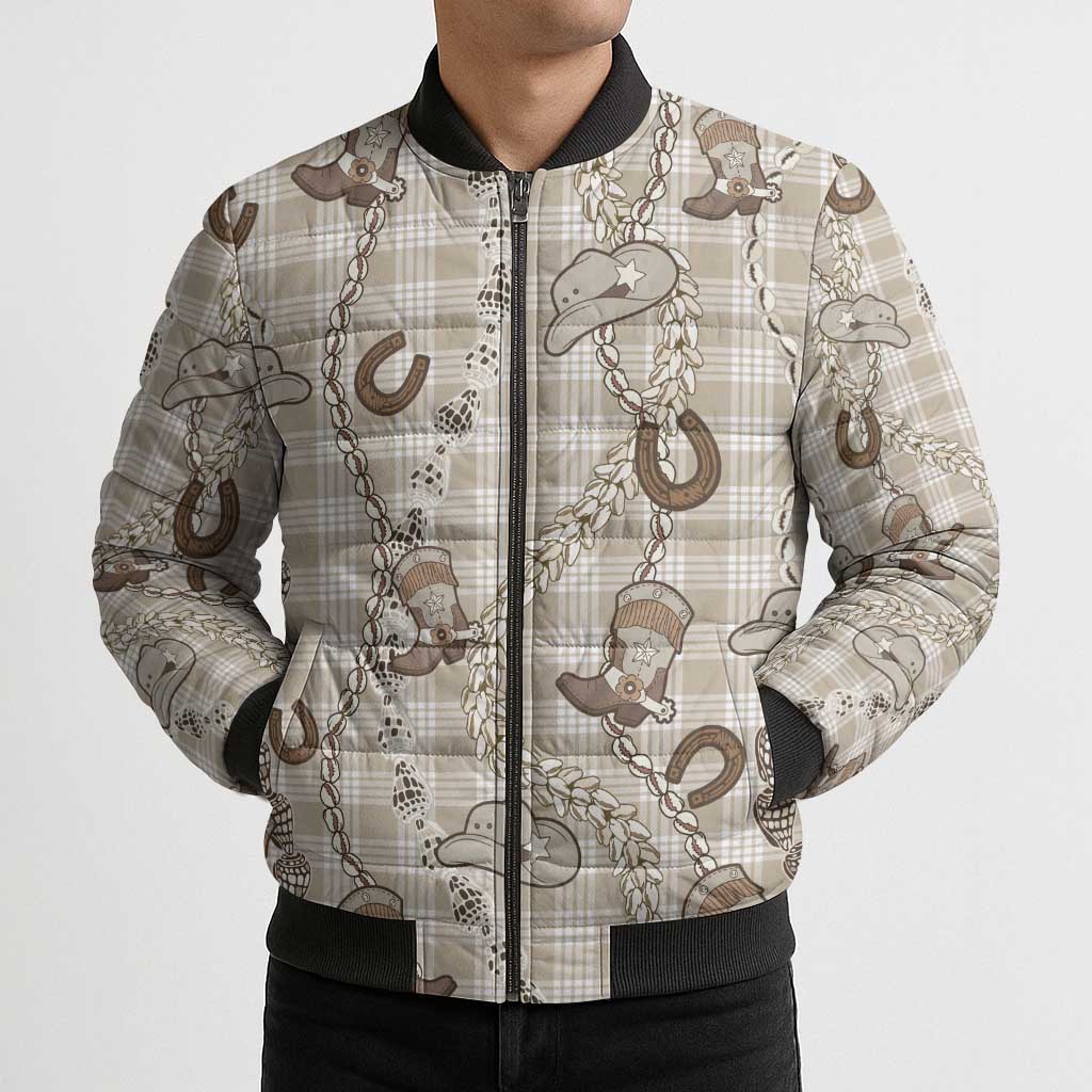 Hawaii Palaka Cowboy Bomber Puffer Jacket Shell Maile Lei With Western Patterns - Polynesian Pride