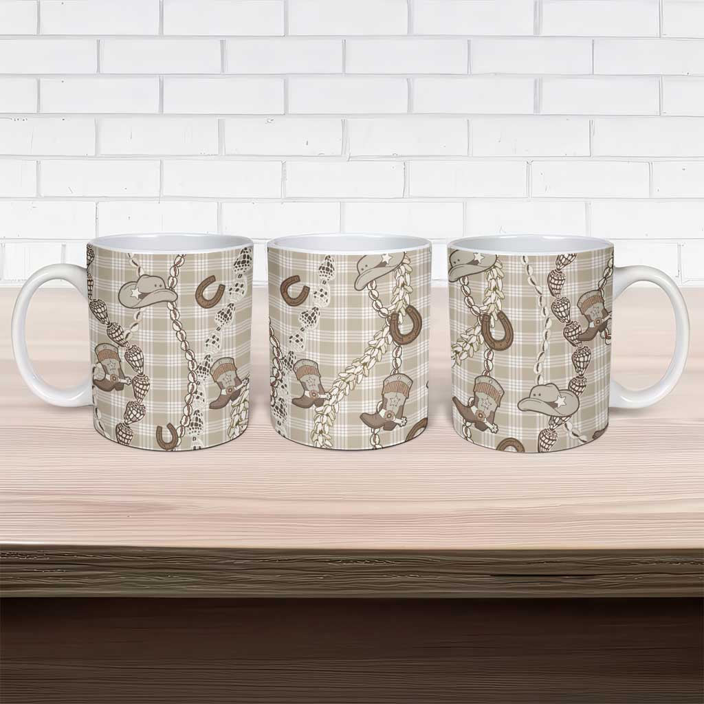 Hawaii Palaka Cowboy Ceramic Mug Shell Maile Lei With Western Patterns - Polynesian Pride