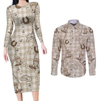Hawaii Palaka Cowboy Couples Matching Long Sleeve Bodycon Dress and Long Sleeve Button Shirt Shell Maile Lei With Western Patterns - Polynesian Pride