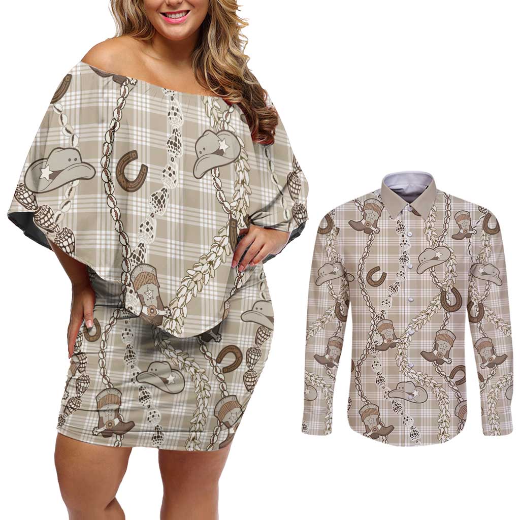 Hawaii Palaka Cowboy Couples Matching Off Shoulder Short Dress and Long Sleeve Button Shirt Shell Maile Lei With Western Patterns DT05 Beige - Polynesian Pride