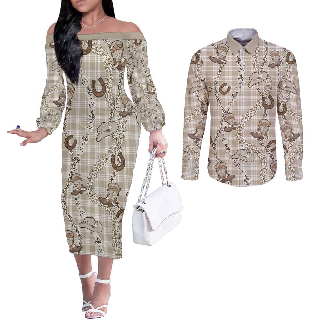 Hawaii Palaka Cowboy Couples Matching Off The Shoulder Long Sleeve Dress and Long Sleeve Button Shirt Shell Maile Lei With Western Patterns DT05 Beige - Polynesian Pride