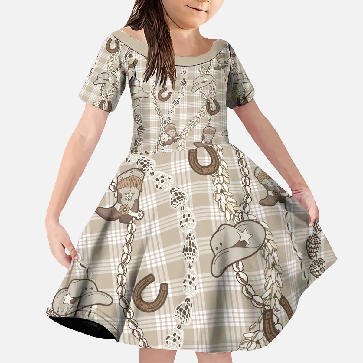 Hawaii Palaka Cowboy Family Matching Off The Shoulder Long Sleeve Dress and Hawaiian Shirt Shell Maile Lei With Western Patterns - Polynesian Pride