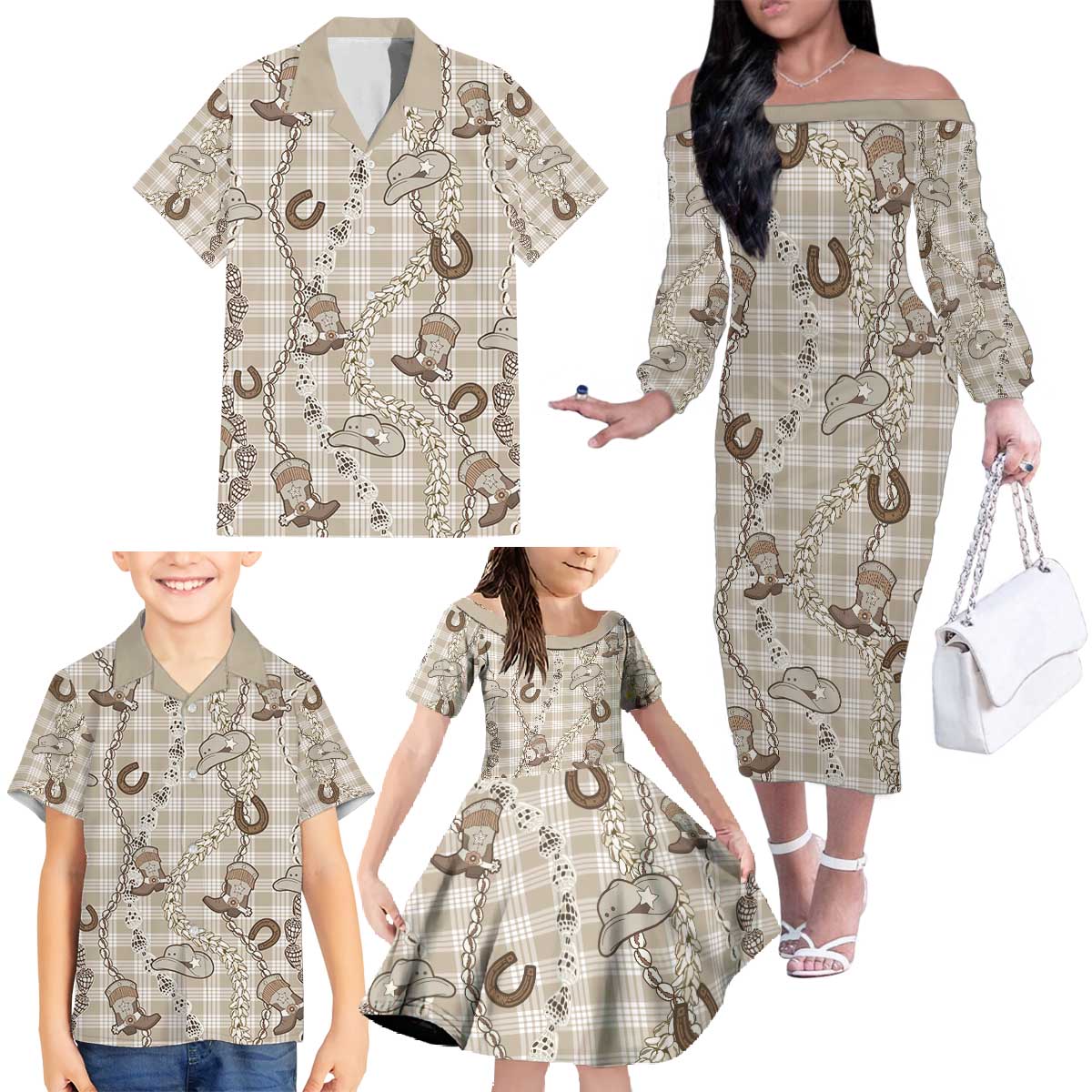 Hawaii Palaka Cowboy Family Matching Off The Shoulder Long Sleeve Dress and Hawaiian Shirt Shell Maile Lei With Western Patterns - Polynesian Pride