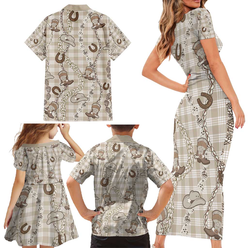 Hawaii Palaka Cowboy Family Matching Short Sleeve Bodycon Dress and Hawaiian Shirt Shell Maile Lei With Western Patterns - Polynesian Pride