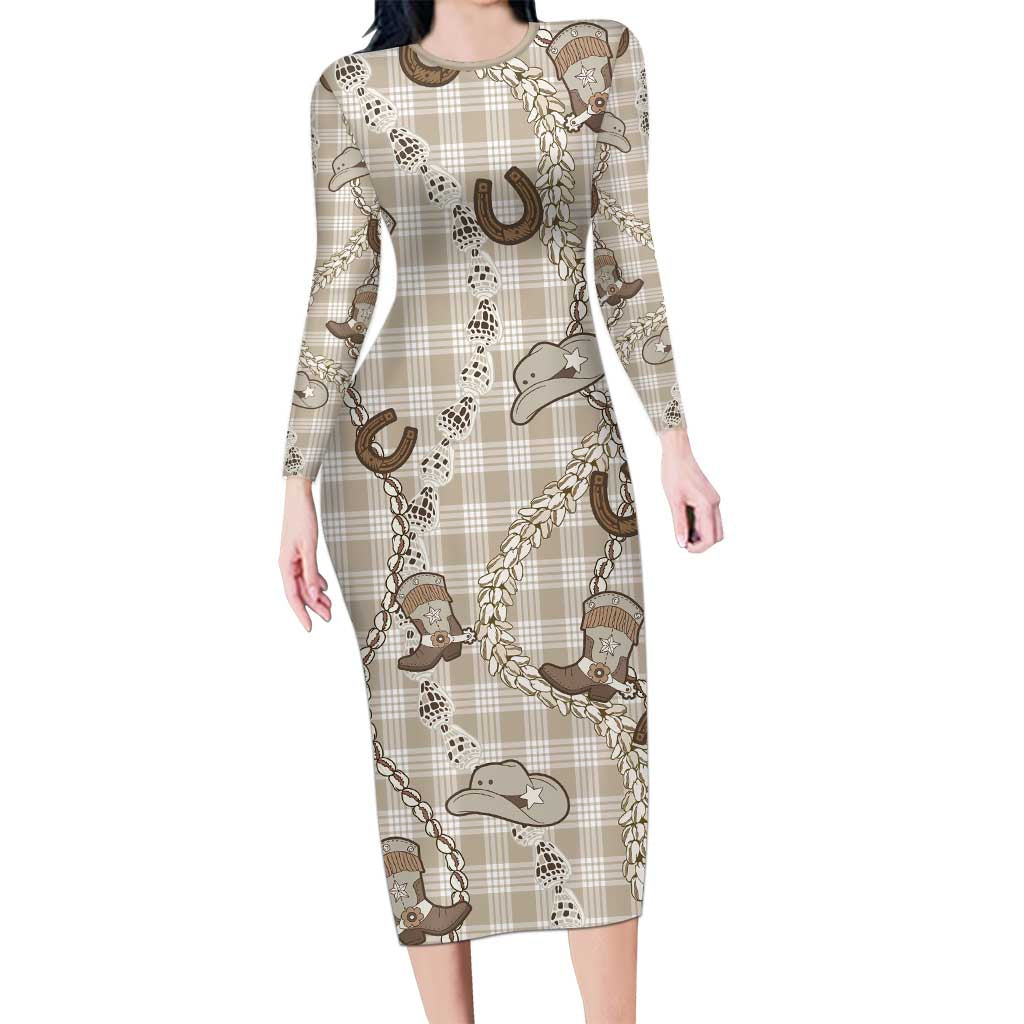 Hawaii Palaka Cowboy Long Sleeve Bodycon Dress Shell Maile Lei With Western Patterns - Polynesian Pride