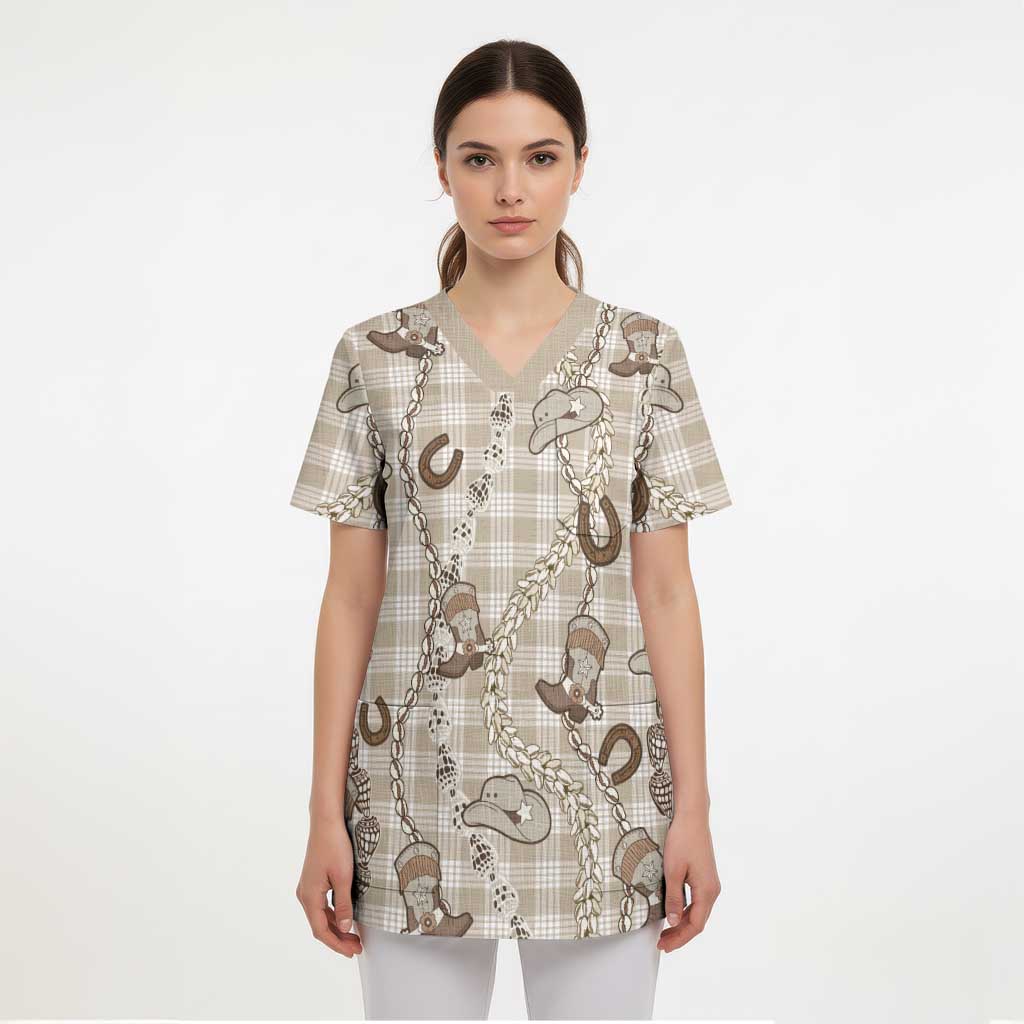 Hawaii Palaka Cowboy Scrub Top Shell Maile Lei With Western Patterns - Polynesian Pride