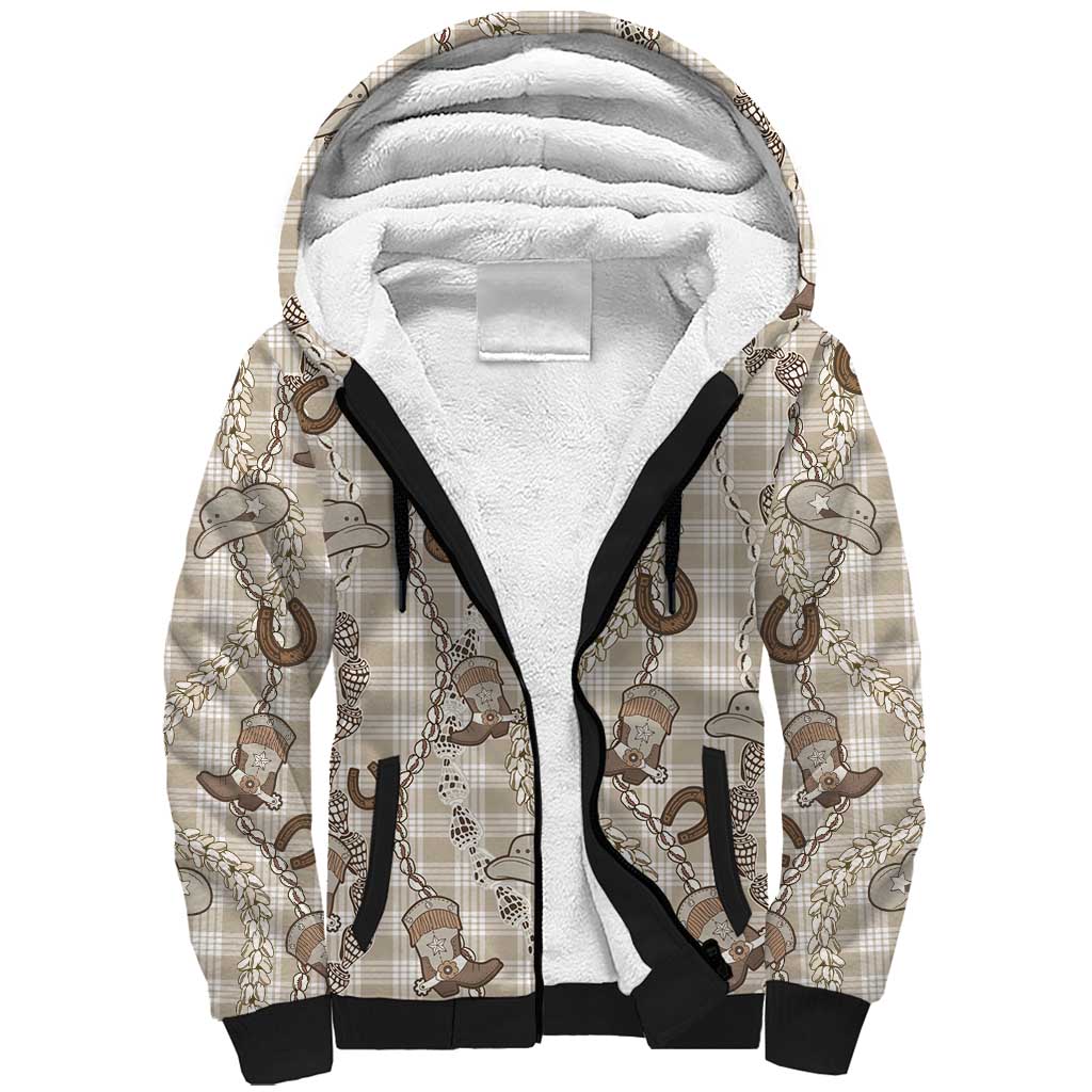 Hawaii Palaka Cowboy Sherpa Hoodie Shell Maile Lei With Western Patterns DT05 Unisex Beige - Polynesian Pride