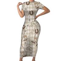 Hawaii Palaka Cowboy Short Sleeve Bodycon Dress Shell Maile Lei With Western Patterns - Polynesian Pride