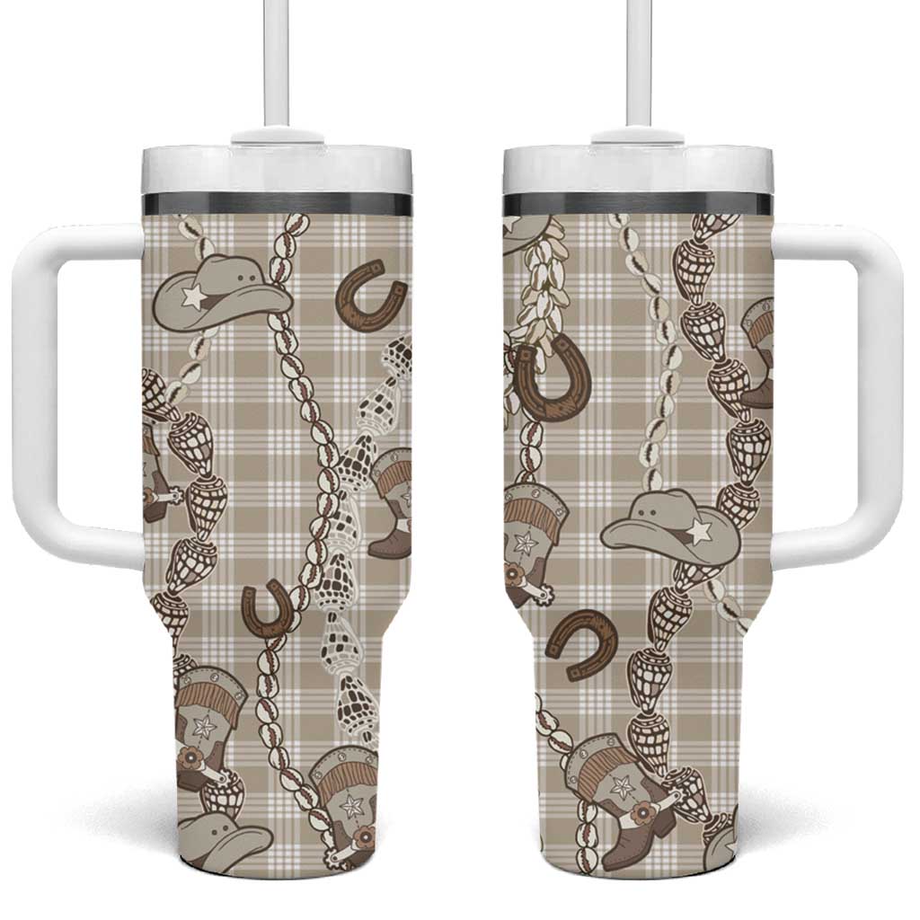 Hawaii Palaka Cowboy Tumbler With Handle Shell Maile Lei With Western Patterns - Polynesian Pride