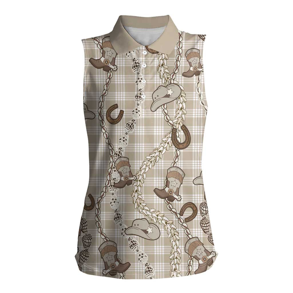 Hawaii Palaka Cowboy Women Sleeveless Polo Shirt Shell Maile Lei With Western Patterns - Polynesian Pride