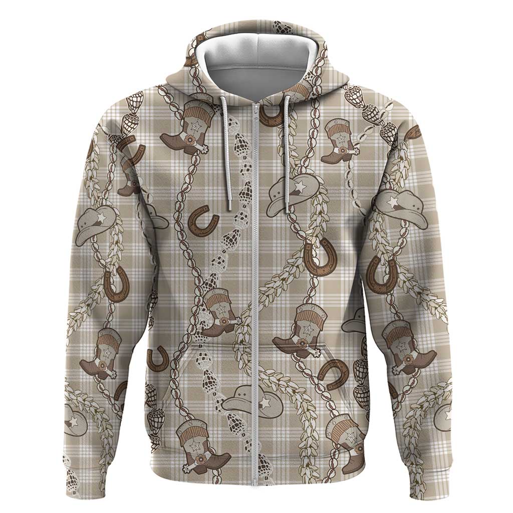 Hawaii Palaka Cowboy Zip Hoodie Shell Maile Lei With Western Patterns DT05 Zip Hoodie Beige - Polynesian Pride