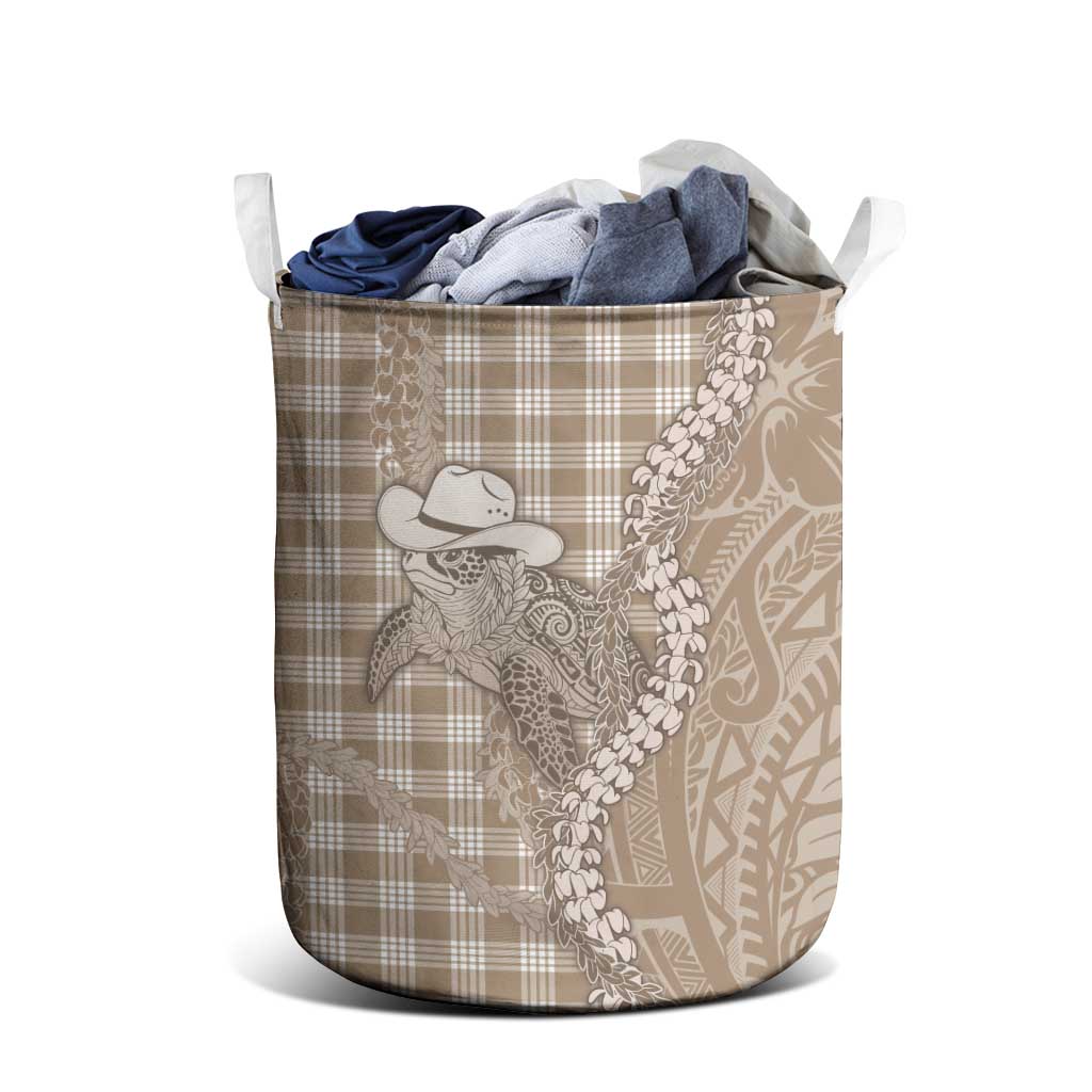 Beige Hawaii Palaka Cowboy Turtle Laundry Basket Hawaiian Paniolo Puakenikeni Maile Lei - Polynesian Pride