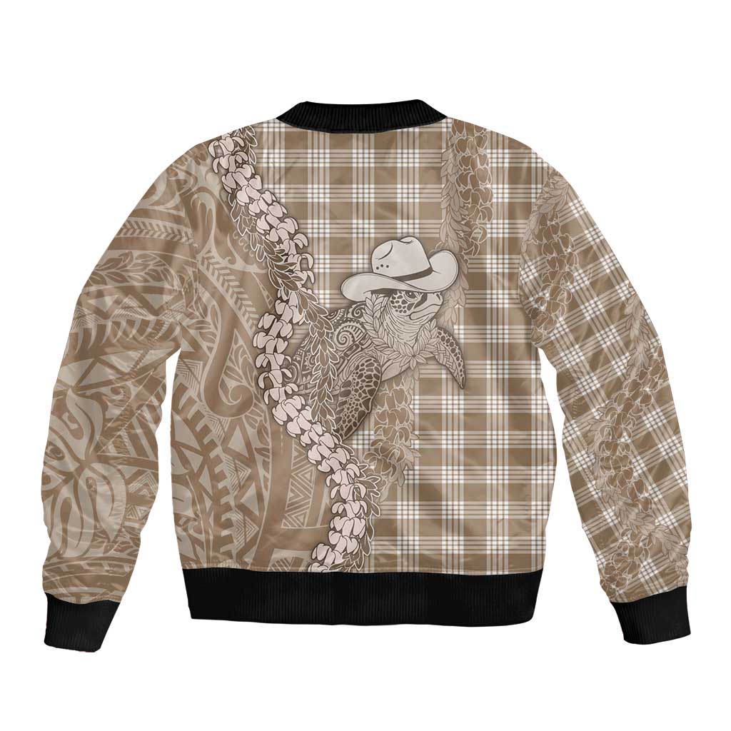 Beige Hawaii Palaka Cowboy Turtle Bomber Jacket Hawaiian Paniolo Puakenikeni Maile Lei - Polynesian Pride