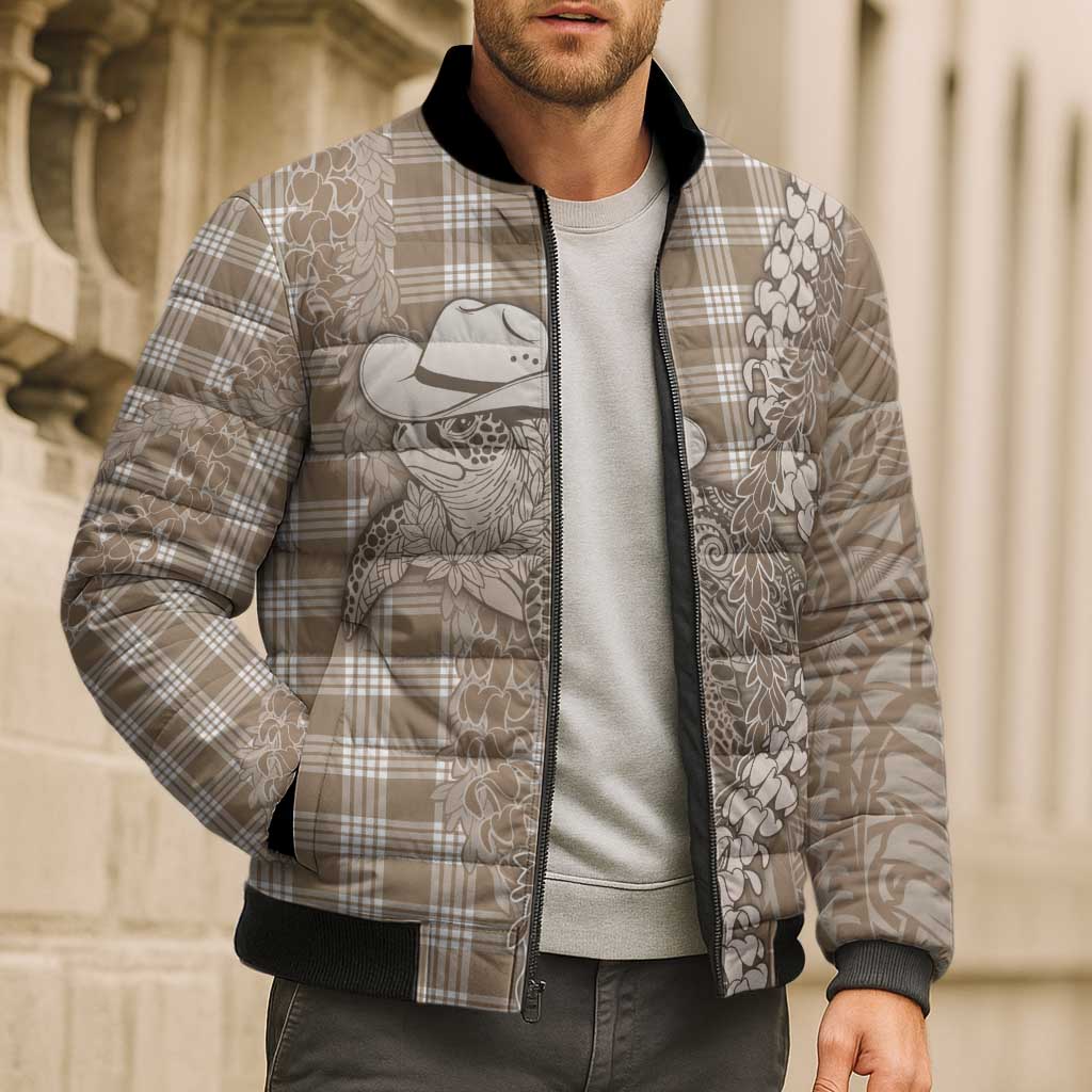 Beige Hawaii Palaka Cowboy Turtle Bomber Puffer Jacket Hawaiian Paniolo Puakenikeni Maile Lei - Polynesian Pride
