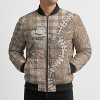 Beige Hawaii Palaka Cowboy Turtle Bomber Puffer Jacket Hawaiian Paniolo Puakenikeni Maile Lei - Polynesian Pride