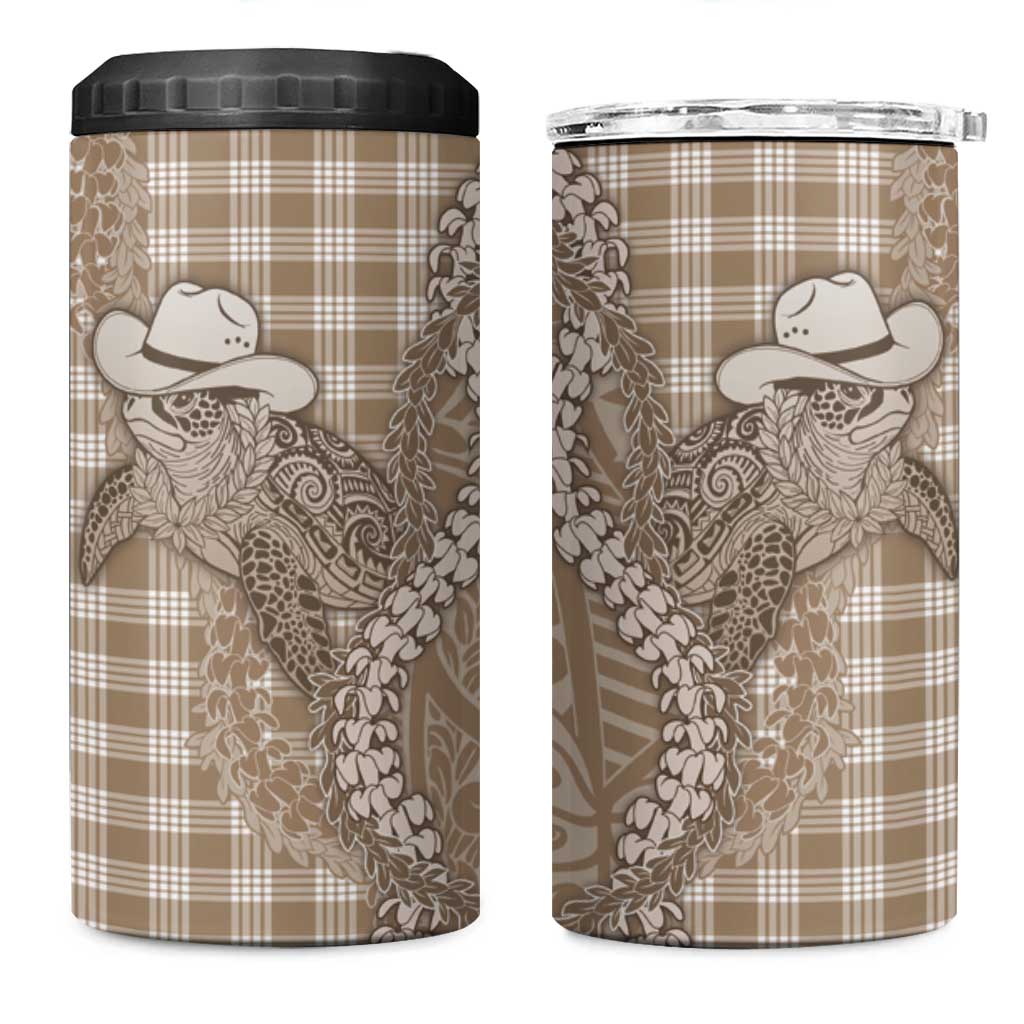 Beige Hawaii Palaka Cowboy Turtle 4 in 1 Can Cooler Tumbler Hawaiian Paniolo Puakenikeni Maile Lei - Polynesian Pride