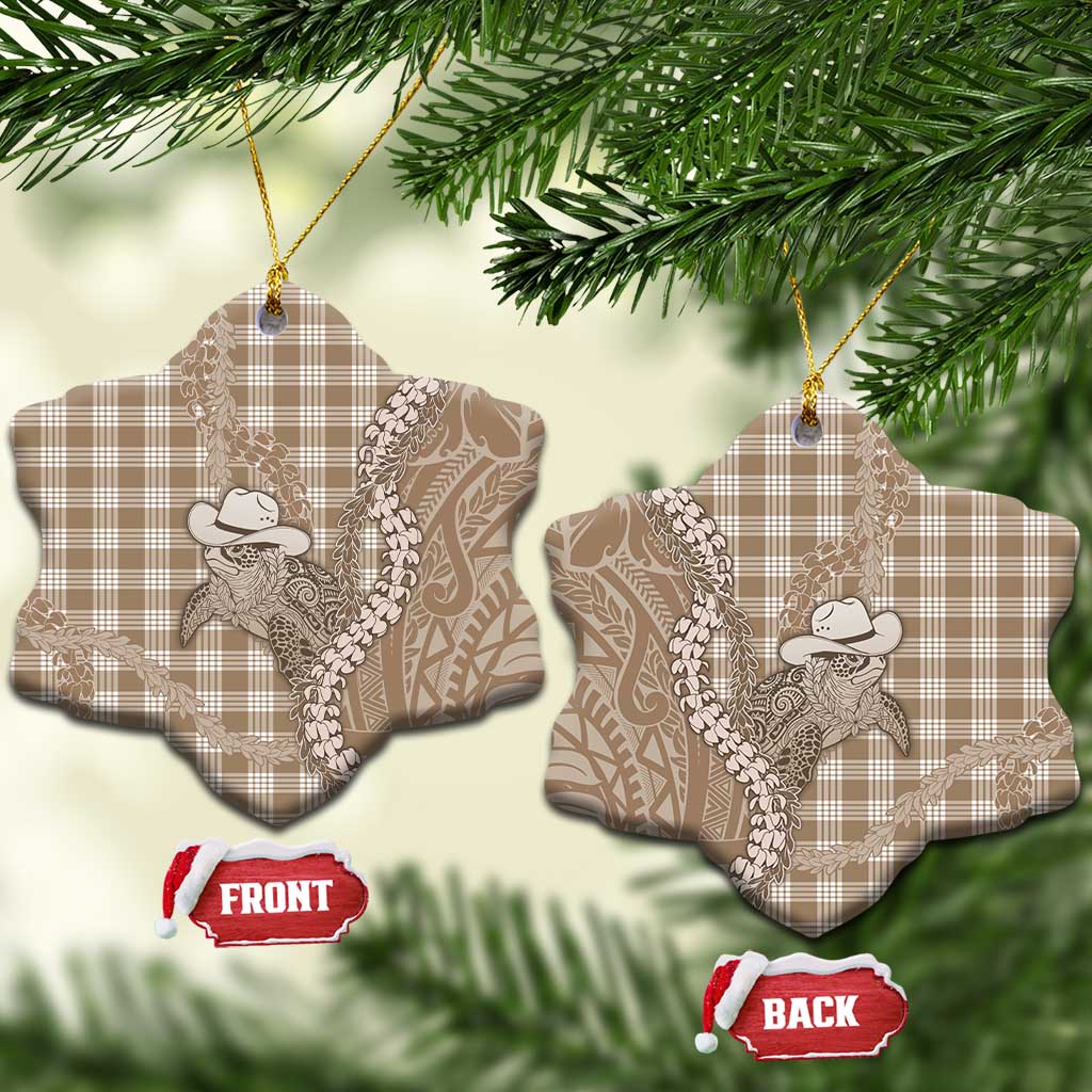 Beige Hawaii Palaka Cowboy Turtle Ceramic Ornament Hawaiian Paniolo Puakenikeni Maile Lei - Polynesian Pride