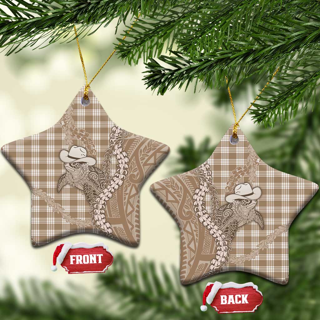 Beige Hawaii Palaka Cowboy Turtle Ceramic Ornament Hawaiian Paniolo Puakenikeni Maile Lei - Polynesian Pride