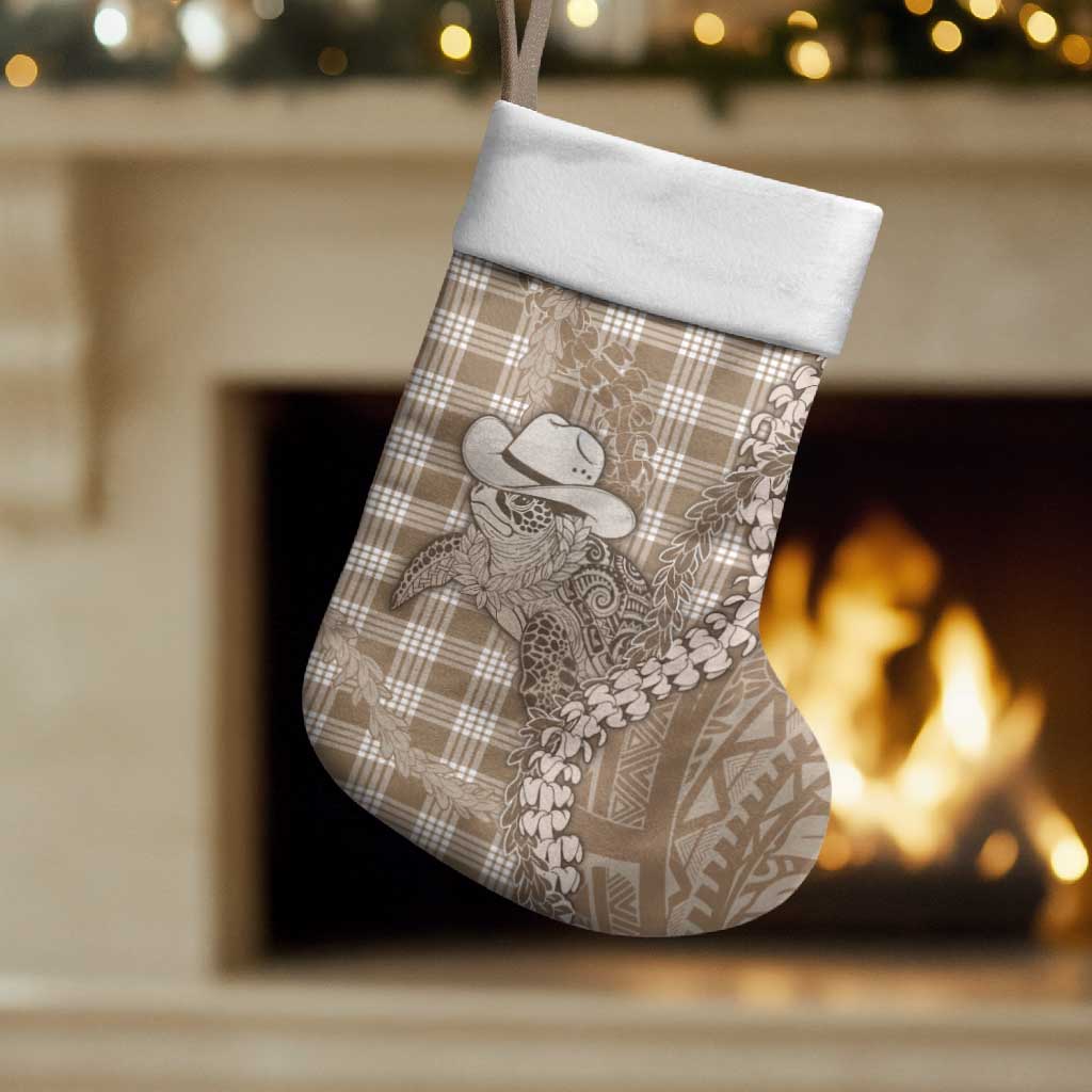 Beige Hawaii Palaka Cowboy Turtle Christmas Stocking Hawaiian Paniolo Puakenikeni Maile Lei - Polynesian Pride