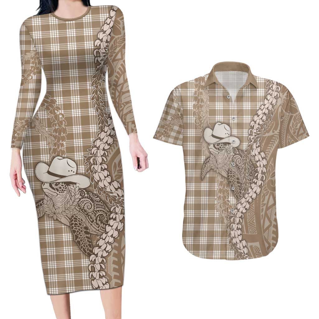 Beige Hawaii Palaka Cowboy Turtle Couples Matching Long Sleeve Bodycon Dress and Hawaiian Shirt Hawaiian Paniolo Puakenikeni Maile Lei - Polynesian Pride