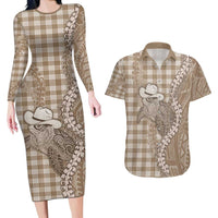 Beige Hawaii Palaka Cowboy Turtle Couples Matching Long Sleeve Bodycon Dress and Hawaiian Shirt Hawaiian Paniolo Puakenikeni Maile Lei - Polynesian Pride