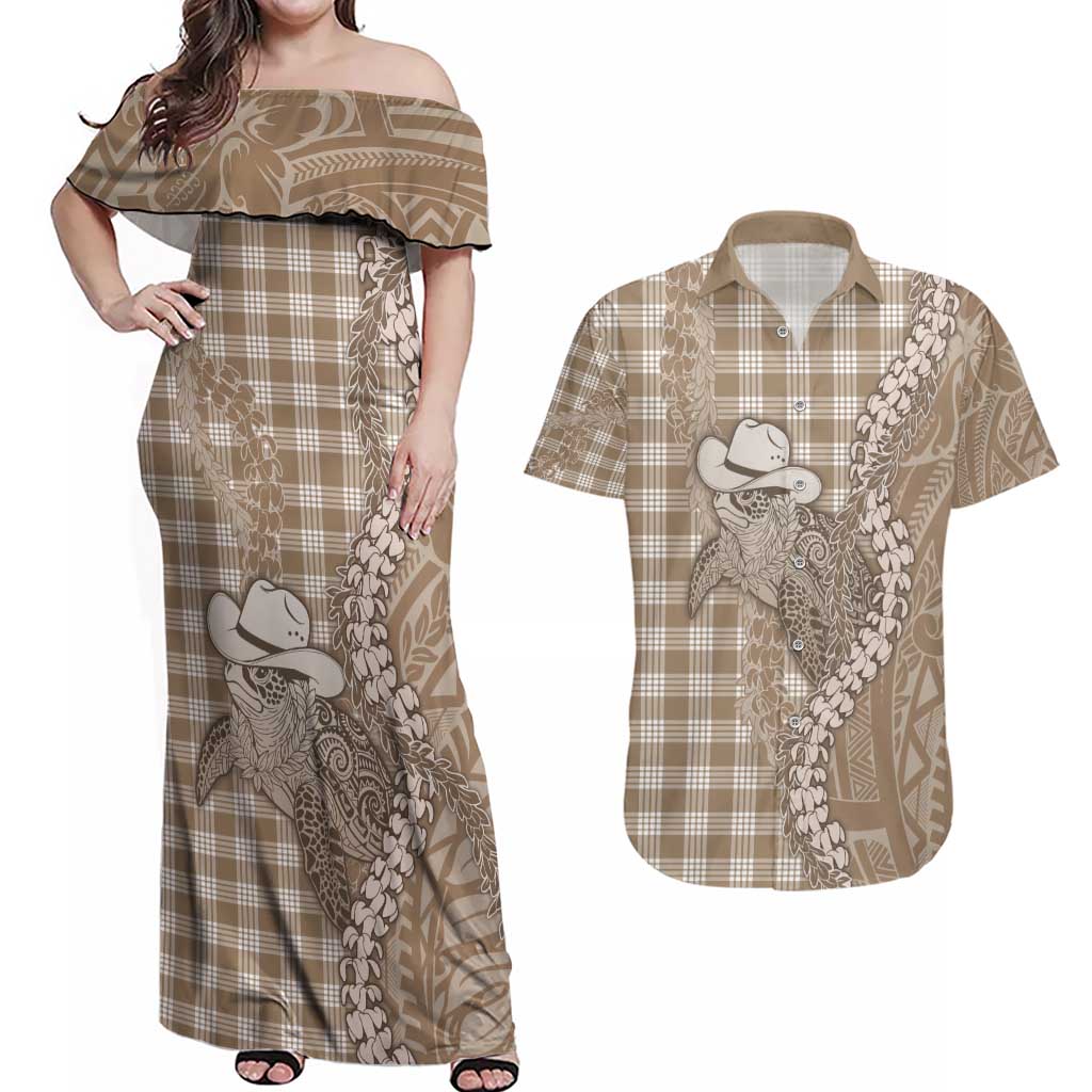 Beige Hawaii Palaka Cowboy Turtle Couples Matching Off Shoulder Maxi Dress and Hawaiian Shirt Hawaiian Paniolo Puakenikeni Maile Lei - Polynesian Pride