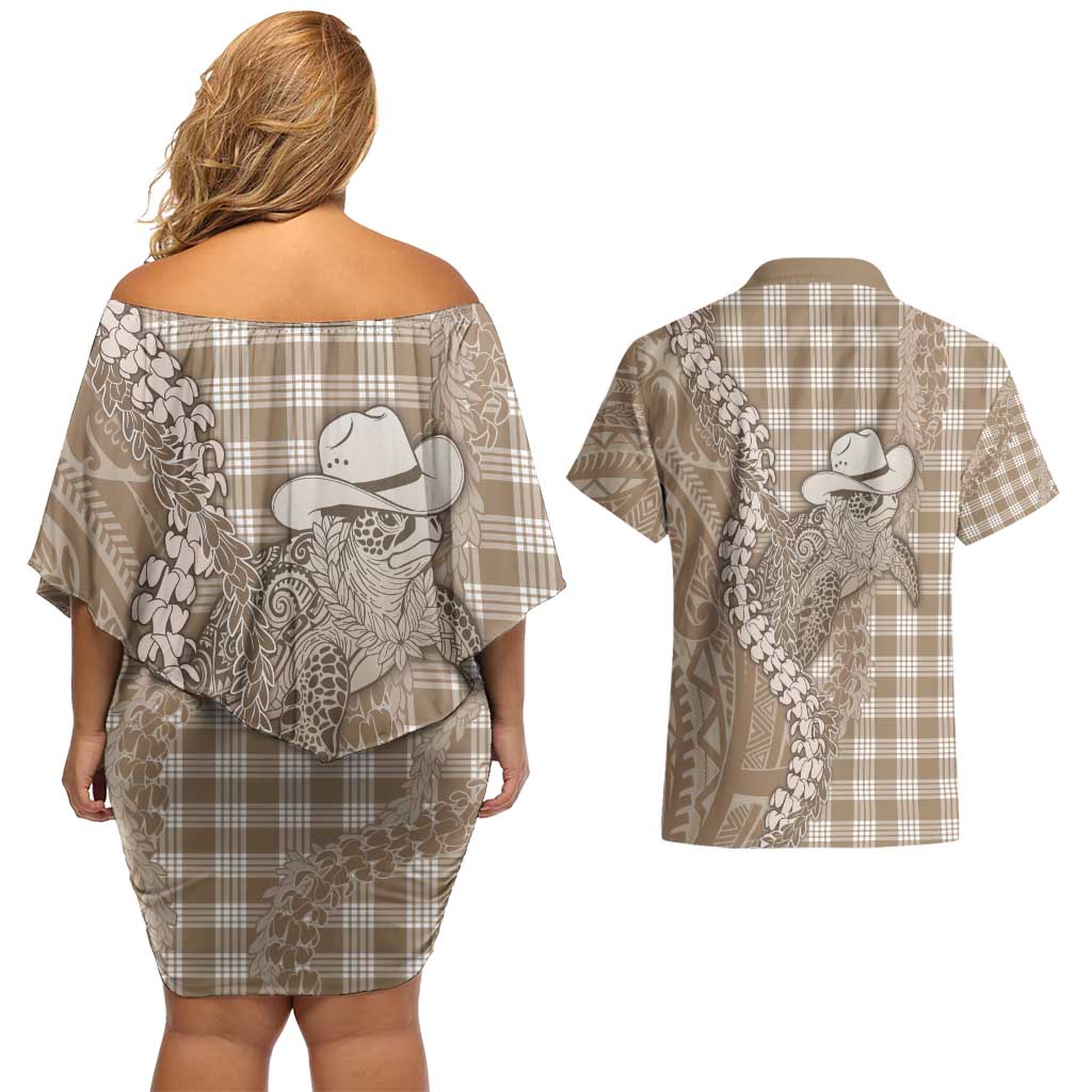 Beige Hawaii Palaka Cowboy Turtle Couples Matching Off Shoulder Short Dress and Hawaiian Shirt Hawaiian Paniolo Puakenikeni Maile Lei - Polynesian Pride