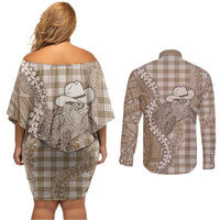 Beige Hawaii Palaka Cowboy Turtle Couples Matching Off Shoulder Short Dress and Long Sleeve Button Shirt Hawaiian Paniolo Puakenikeni Maile Lei - Polynesian Pride