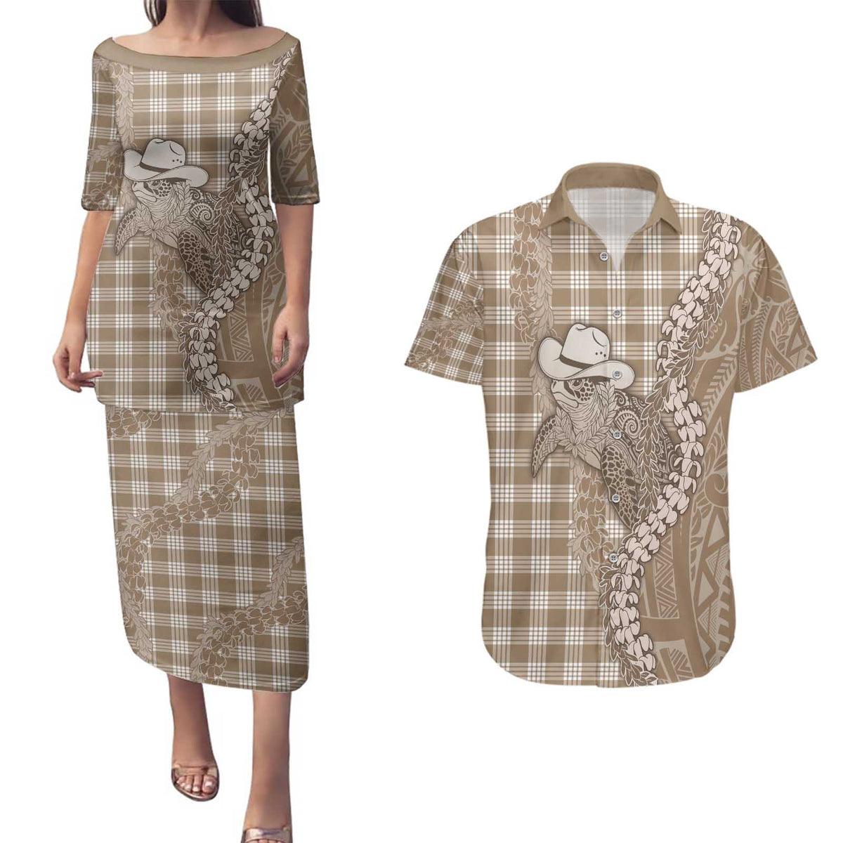 Beige Hawaii Palaka Cowboy Turtle Couples Matching Puletasi and Hawaiian Shirt Hawaiian Paniolo Puakenikeni Maile Lei - Polynesian Pride