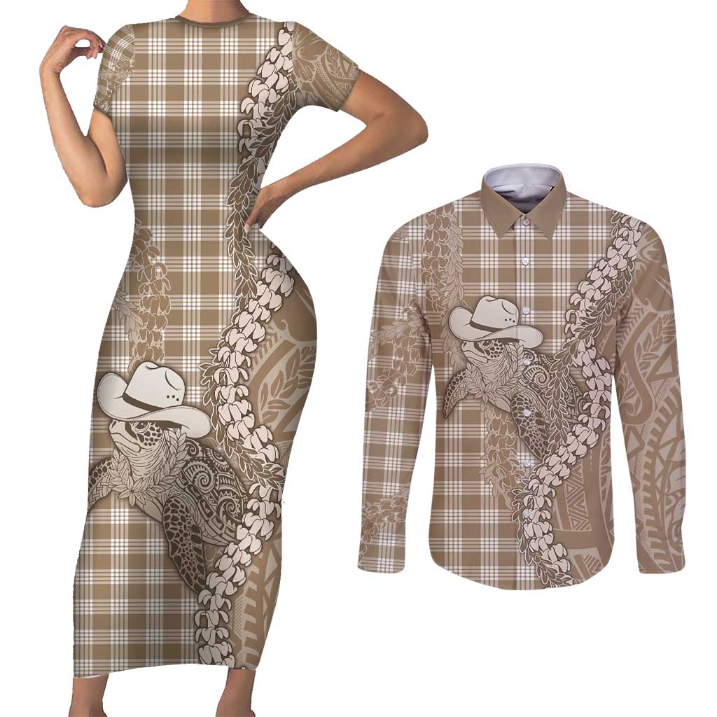 Beige Hawaii Palaka Cowboy Turtle Couples Matching Short Sleeve Bodycon Dress and Long Sleeve Button Shirt Hawaiian Paniolo Puakenikeni Maile Lei - Polynesian Pride