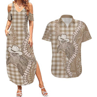 Beige Hawaii Palaka Cowboy Turtle Couples Matching Summer Maxi Dress and Hawaiian Shirt Hawaiian Paniolo Puakenikeni Maile Lei - Polynesian Pride