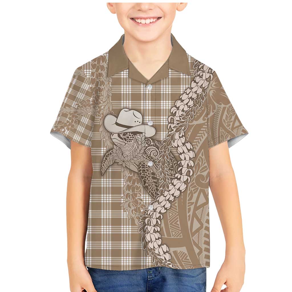 Beige Hawaii Palaka Cowboy Turtle Family Matching Mermaid Dress and Hawaiian Shirt Hawaiian Paniolo Puakenikeni Maile Lei - Polynesian Pride