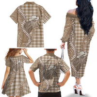 Beige Hawaii Palaka Cowboy Turtle Family Matching Off The Shoulder Long Sleeve Dress and Hawaiian Shirt Hawaiian Paniolo Puakenikeni Maile Lei - Polynesian Pride