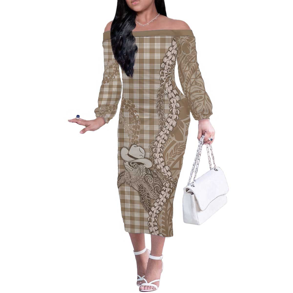 Beige Hawaii Palaka Cowboy Turtle Family Matching Off The Shoulder Long Sleeve Dress and Hawaiian Shirt Hawaiian Paniolo Puakenikeni Maile Lei - Polynesian Pride
